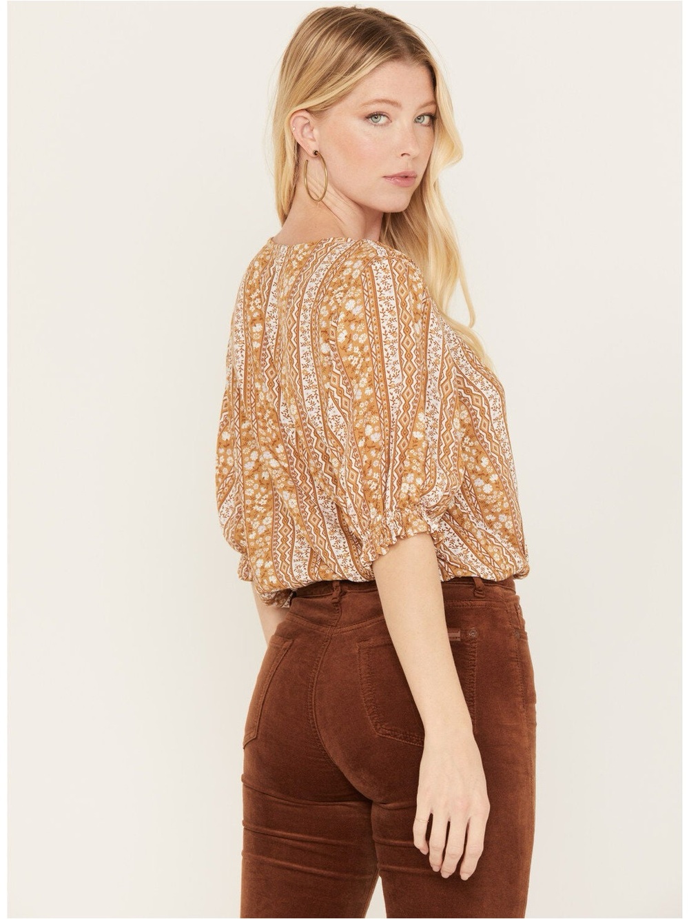 Wrangler Retro Floral Stripe Crop Top Peasant Rayon Boho Western Blouse Large - Picture 9 of 9